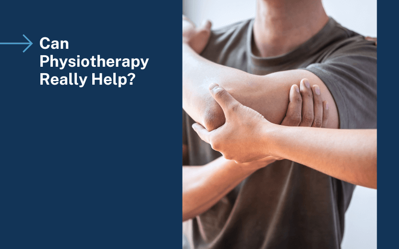 The text says, 'Can Physiotherapy Help?' Picture shows a man having physio